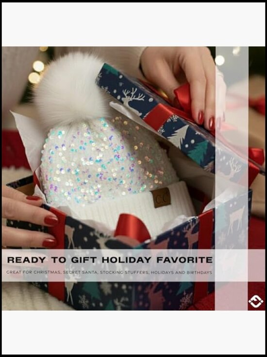 Sequin Pom Beanie, Sparkly Knit Hat with Faux Fur Pom, Stretch Fit main image 7